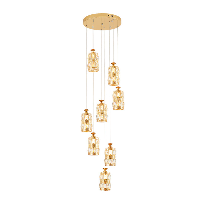 Modernist Cylindrical Cluster Pendant Light 8 Bulbs Crystal Hanging Ceiling Lamp in Gold