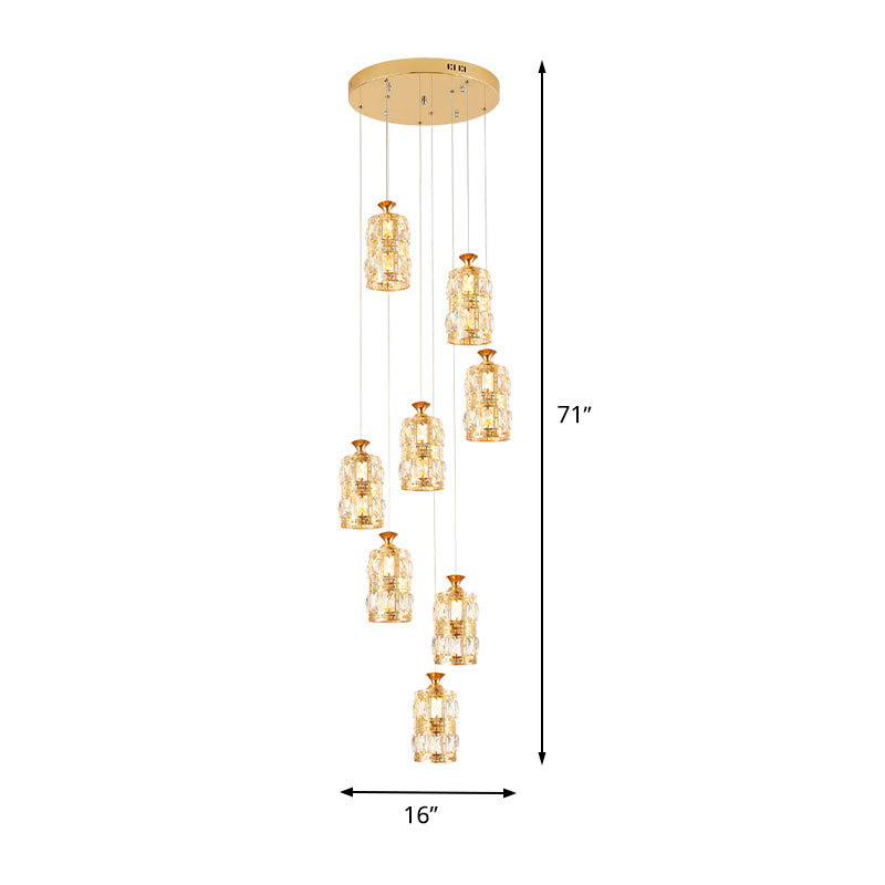 Modernist Cylindrical Cluster Pendant Light 8 Bulbs Crystal Hanging Ceiling Lamp in Gold