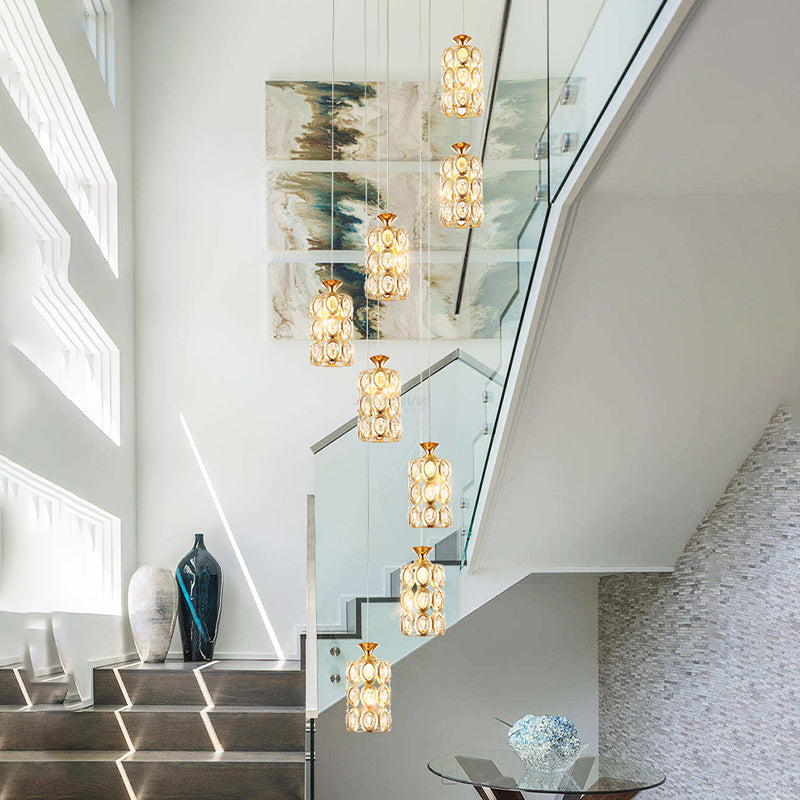 8-Light Multi Ceiling Light Modernism Cylinder Crystal Hanging Lamp Fixture in Brass