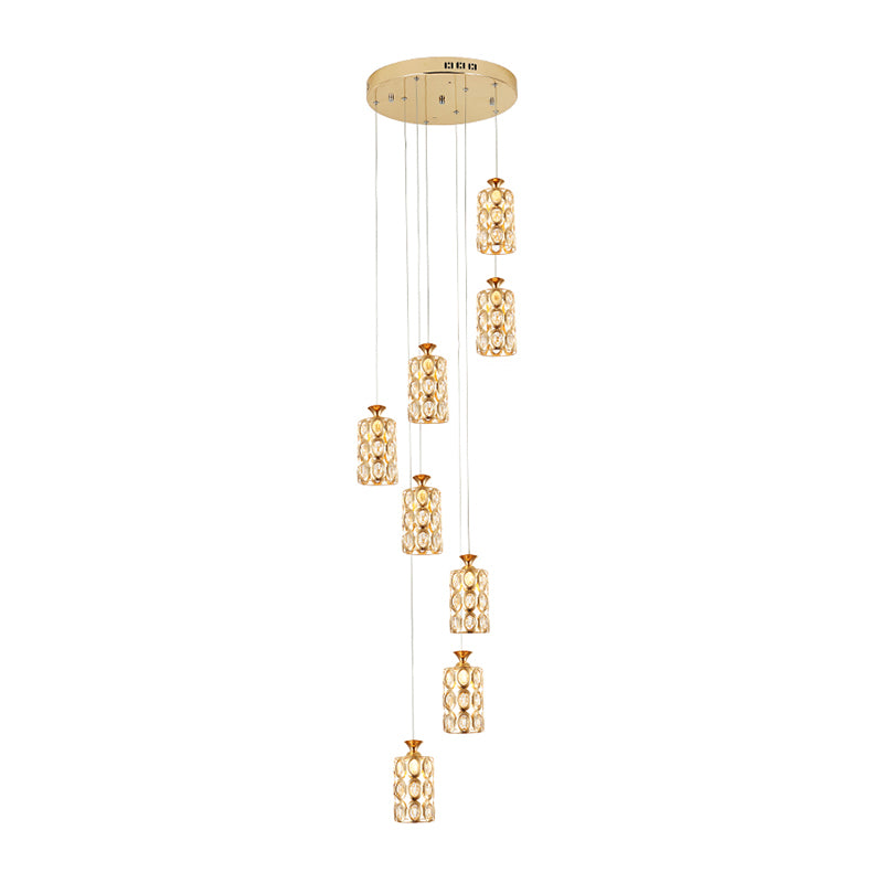 8-Light Multi Ceiling Light Modernism Cylinder Crystal Hanging Lamp Fixture in Brass