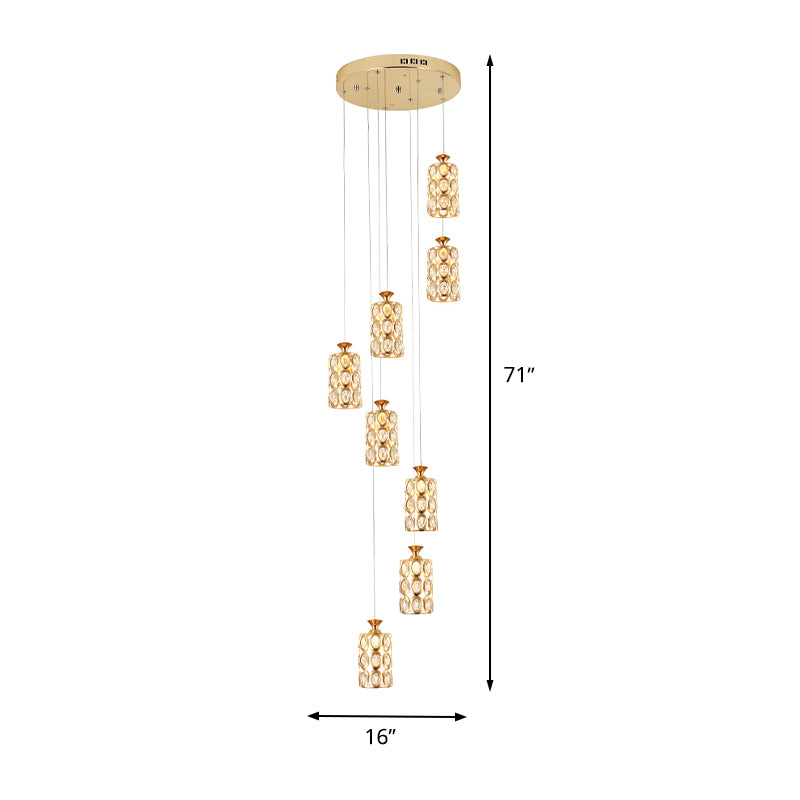 8-Light Multi Ceiling Light Modernism Cylinder Crystal Hanging Lamp Fixture in Brass