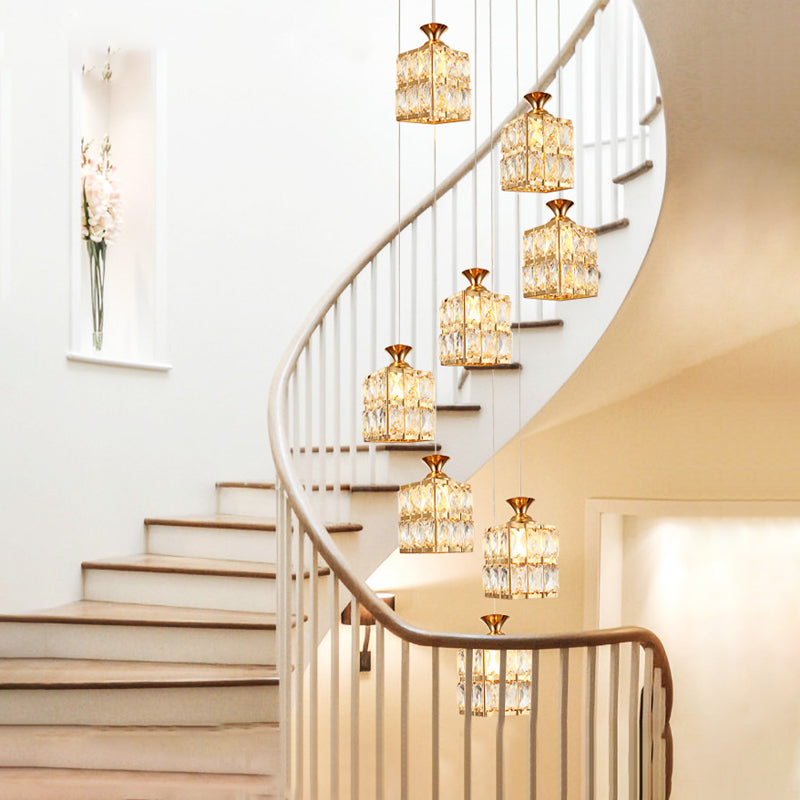 Gold Cube Suspension Lamp Contemporary Crystal 8-Bulb Stair Multi Pendant Chandelier