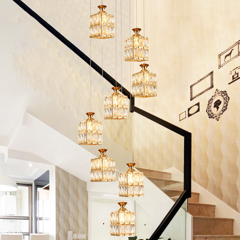 Gold Cube Suspension Lamp Contemporary Crystal 8-Bulb Stair Multi Pendant Chandelier