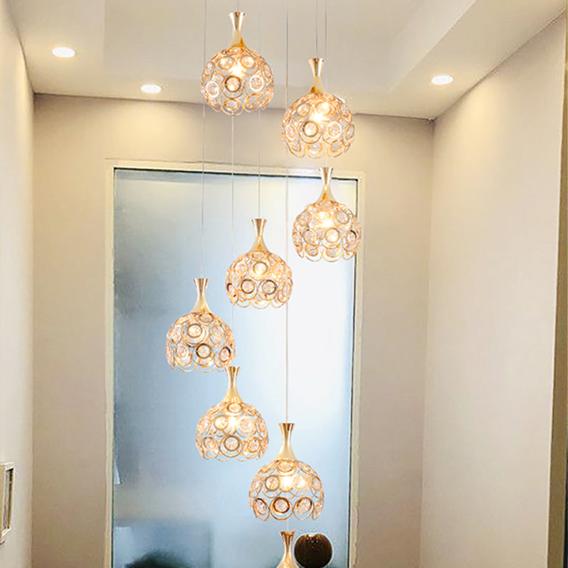 Dome Stair Cluster Pendant Lamp Minimalist Crystal 8 Lights Gold Suspension Light Fixture