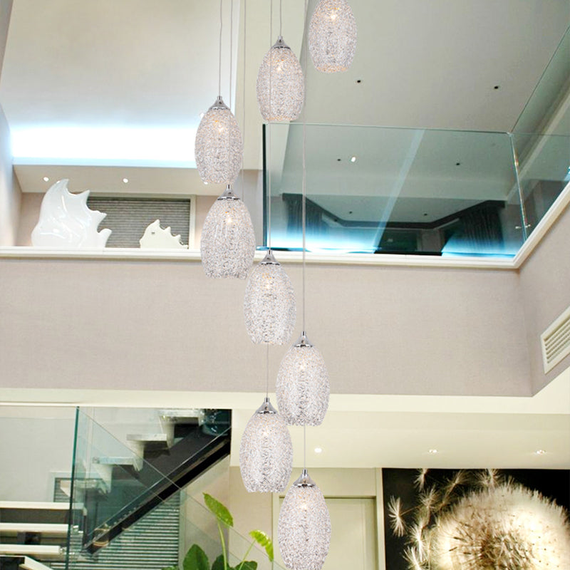 8 bulbos lámpara colgante metálica Costilla de luz de huevo plateado contemporáneo Multi luz colgante
