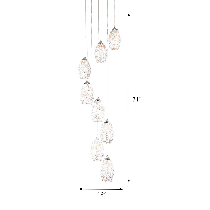 8 bulbos lámpara colgante metálica Costilla de luz de huevo plateado contemporáneo Multi luz colgante