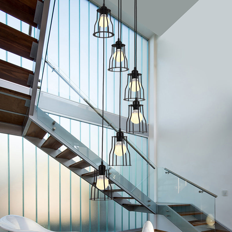 Iron Wire Cage Multi Ceiling Light Industrial 6 Heads Stair Suspended Pendant Lamp in Black