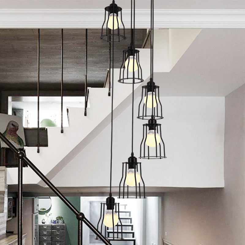 Iron Wire Cage Multi Ceiling Light Industrial 6 Heads Stair Suspended Pendant Lamp in Black