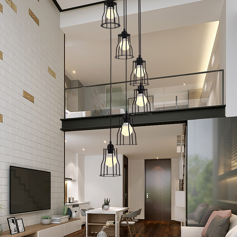 Iron Wire Cage Multi Ceiling Light Industrial 6 Heads Stair Suspended Pendant Lamp in Black