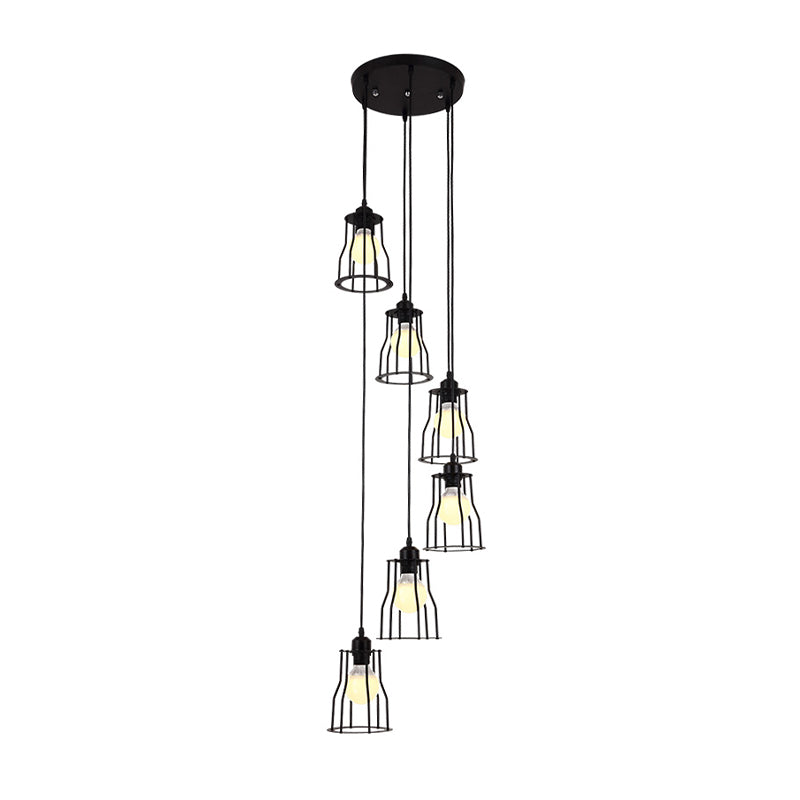 Iron Wire Cage Multi Ceiling Light Industrial 6 Heads Stair Suspended Pendant Lamp in Black
