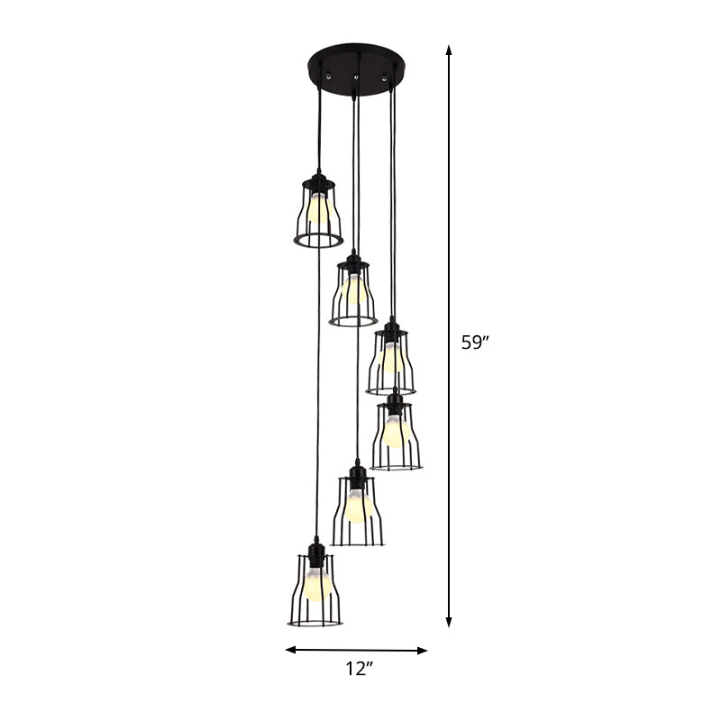 Iron Wire Cage Multi Ceiling Light Industrial 6 Heads Stair Suspended Pendant Lamp in Black