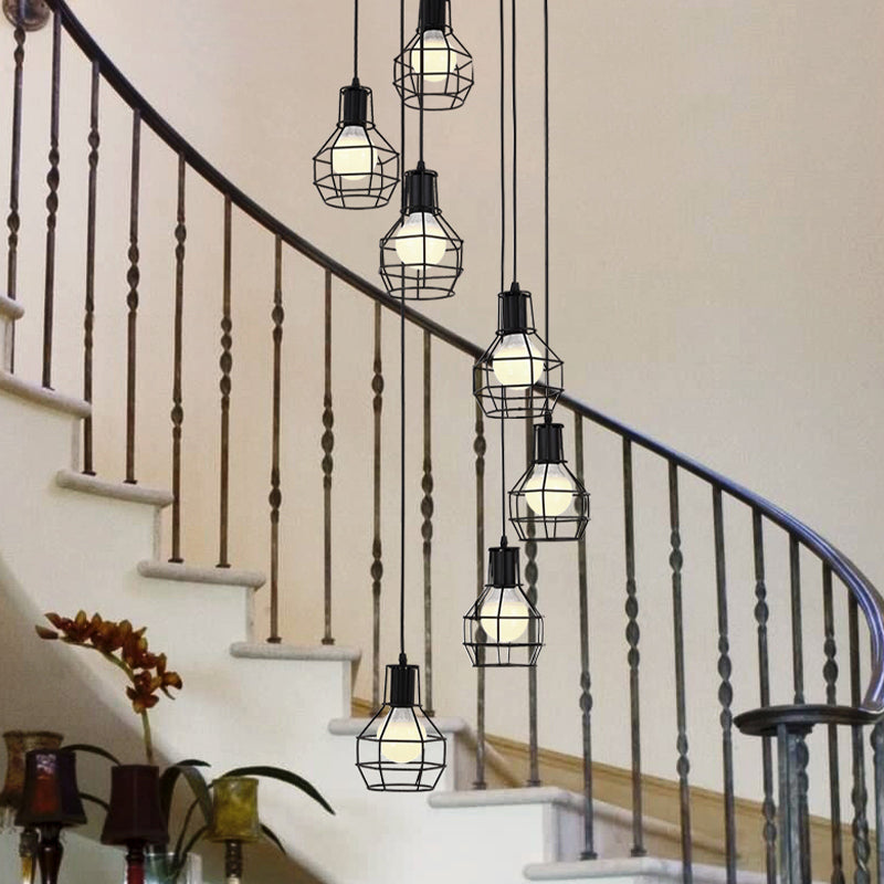 6 bulbos Globe Cage Hanging Lighting Industrial Black Metal Multi Light Pendse con diseño de espiral