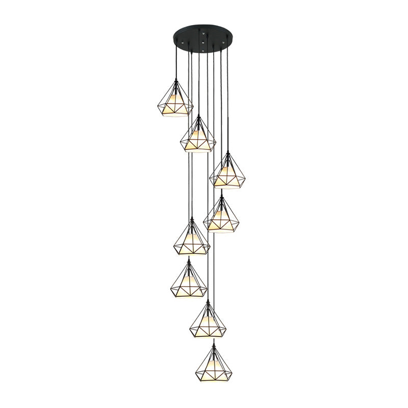 Black Diamond Cage Ceiling Light Modern Iron 8-Bulb Living Room Multi Pendant Chandelier