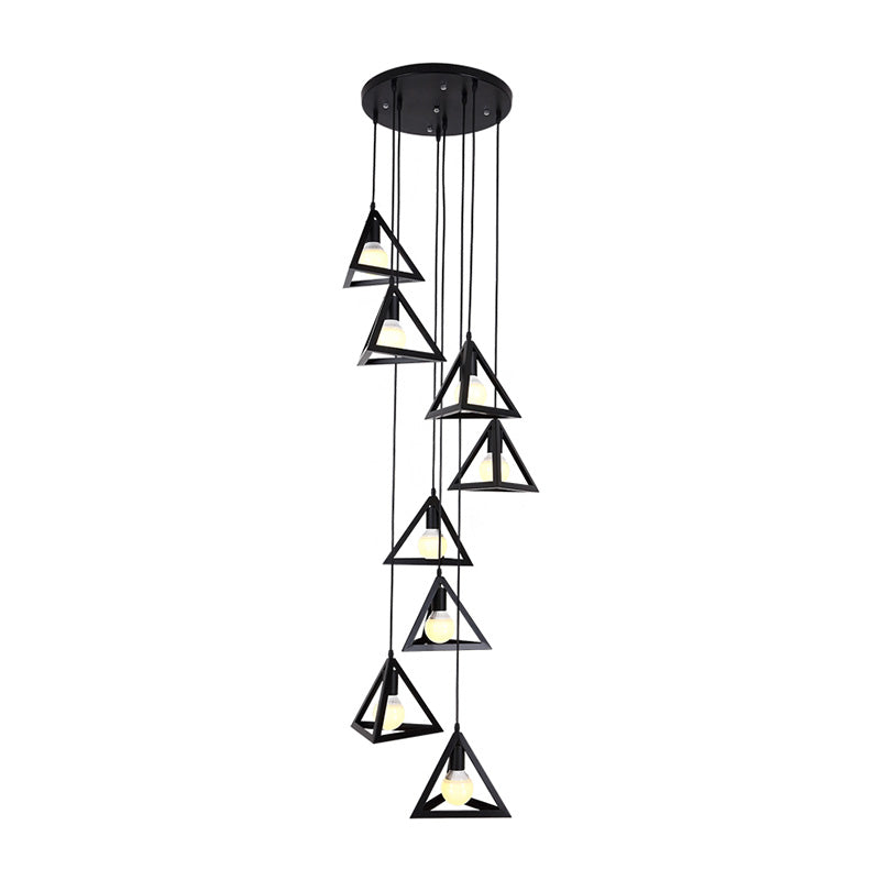 Lámpara de suspensión de marco de triángulo moderno 8 luces de metal múltiple lámpara colgante en negro