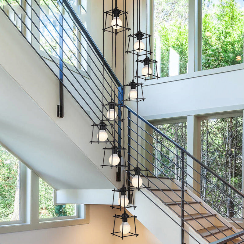 Cube Cage Stair Pendant Lighting Minimalist Metallic 10 Bulbs Black Multi Light Chandelier