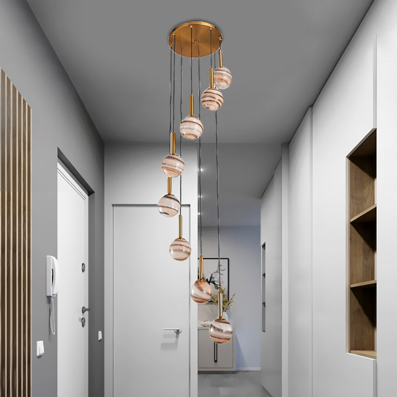 Lámpara de techo colgante de 8 luces colgante de clúster de vidrio marrón marrón moderno con diseño de espiral