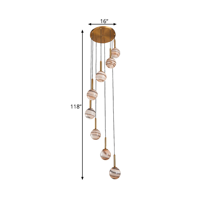 Lámpara de techo colgante de 8 luces colgante de clúster de vidrio marrón marrón moderno con diseño de espiral