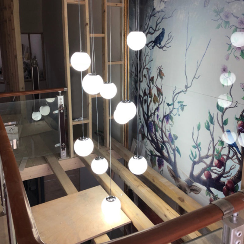 Silver 10 Heads Hanging Light Kit Modernism White Glass Meteor Shower Cluster Pendant Lamp