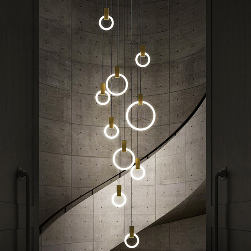 Rings Acrylic Cluster Pendant Light Simple 10 Heads Living Room Hanging Ceiling Lamp in White, Round/Linear Canopy