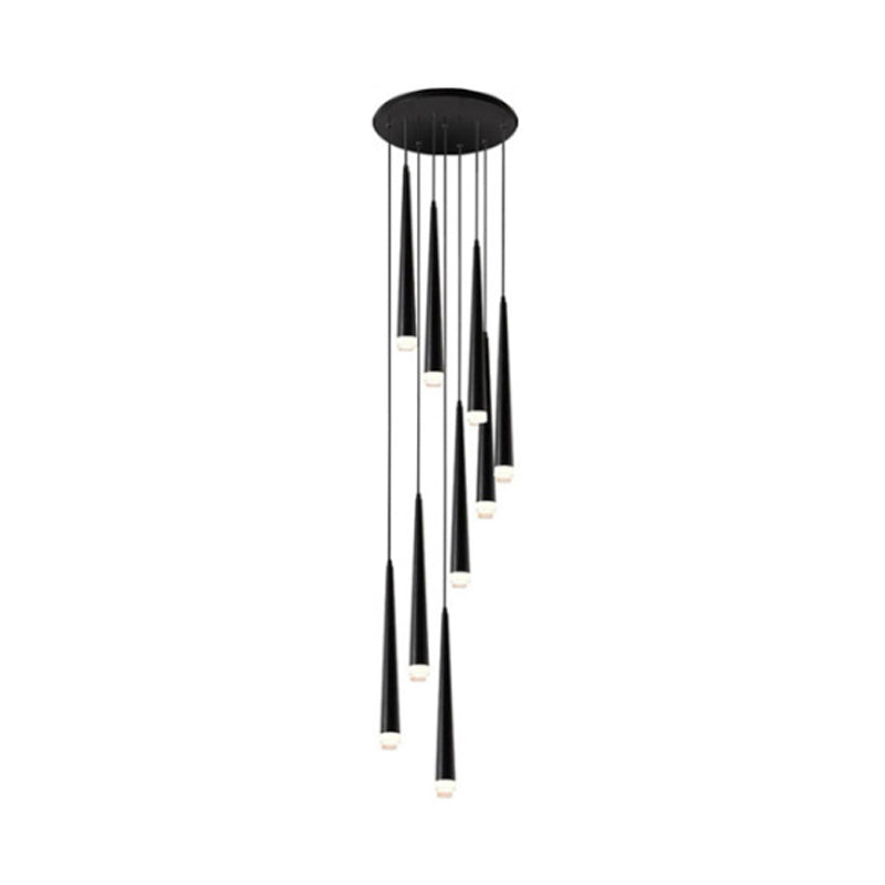 Acrylic Black Hanging Lamp Cone 9/12/18 Lights Contemporary Multi Light Pendant with Spiral Design for Stair