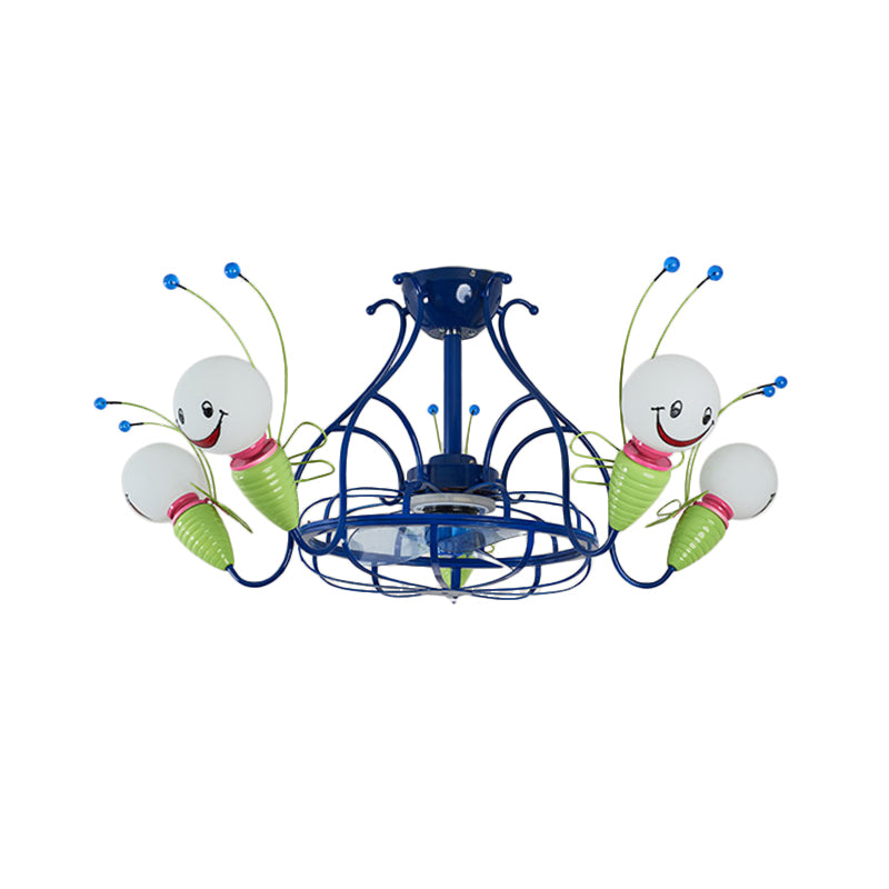 Modern Radial Hanging Fan Light Fixture 5 Heads Metallic 3 Blades Semi Flush Lamp in Blue for Bedroom, 30" Wide