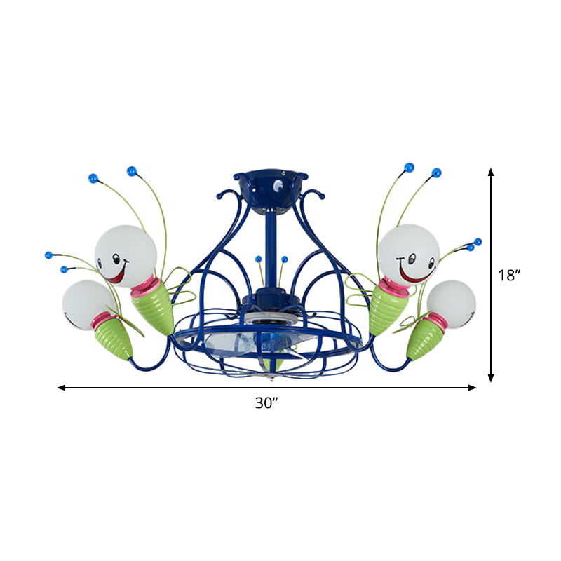 Modern Radial Hanging Fan Light Fixture 5 Heads Metallic 3 Blades Semi Flush Lamp in Blue for Bedroom, 30" Wide