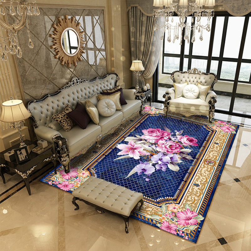 European Flower Pattern Carpet Polyester Area Rug Non-Slip Backing Area Rug for Living Room