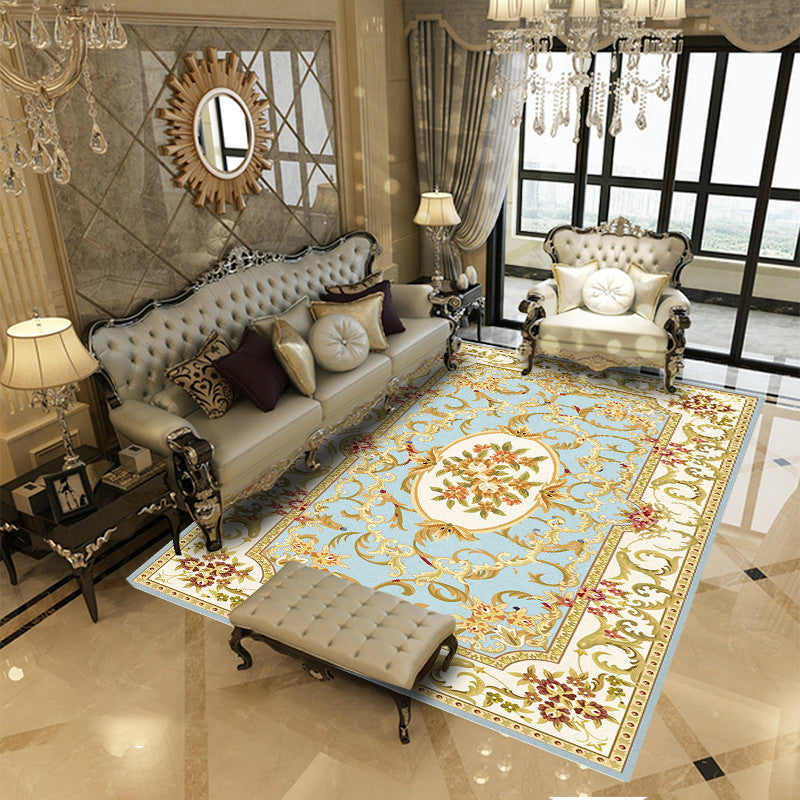 European Flower Pattern Carpet Polyester Area Rug Non-Slip Backing Area Rug for Living Room