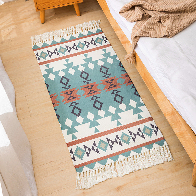 Bohemian Ameicana Pattern Rug Creative Fringe Detail Area Rug Cotton Blend Carpet for Bedroom