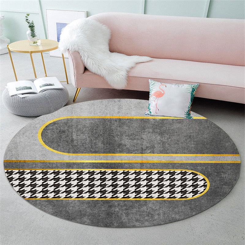 Round Polyester Carpet Trendy Houndstooth Pattern Rug Stain Resistant Area Rug for Living Room