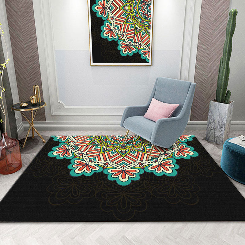 Black Morocco Area Rug Antique Pattern Polyester Area Carpet Stain Resistant Rug for Home Decor