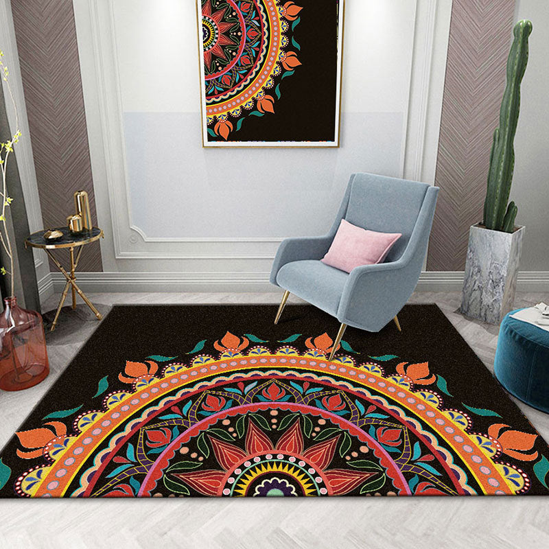 Black Morocco Area Rug Antique Pattern Polyester Area Carpet Stain Resistant Rug for Home Decor