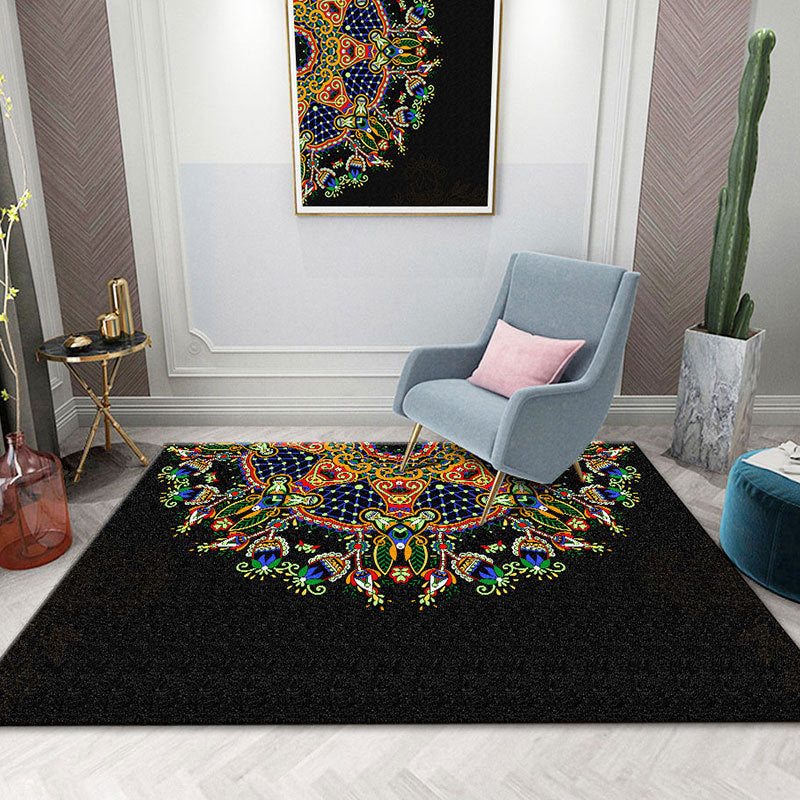Black Morocco Area Rug Antique Pattern Polyester Area Carpet Stain Resistant Rug for Home Decor