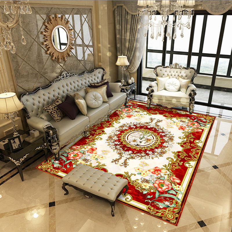 Traditional Flowers Pattern Rug Polyester Indoor Rug Non-Slip Backing Area Carpet for Living Room