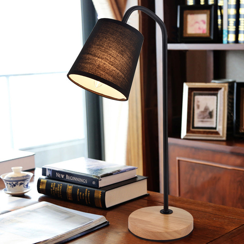 Conical Fabric Task Light Modernism 1 Bulb Black Small Desk Lamp with Beige Round Wood Base