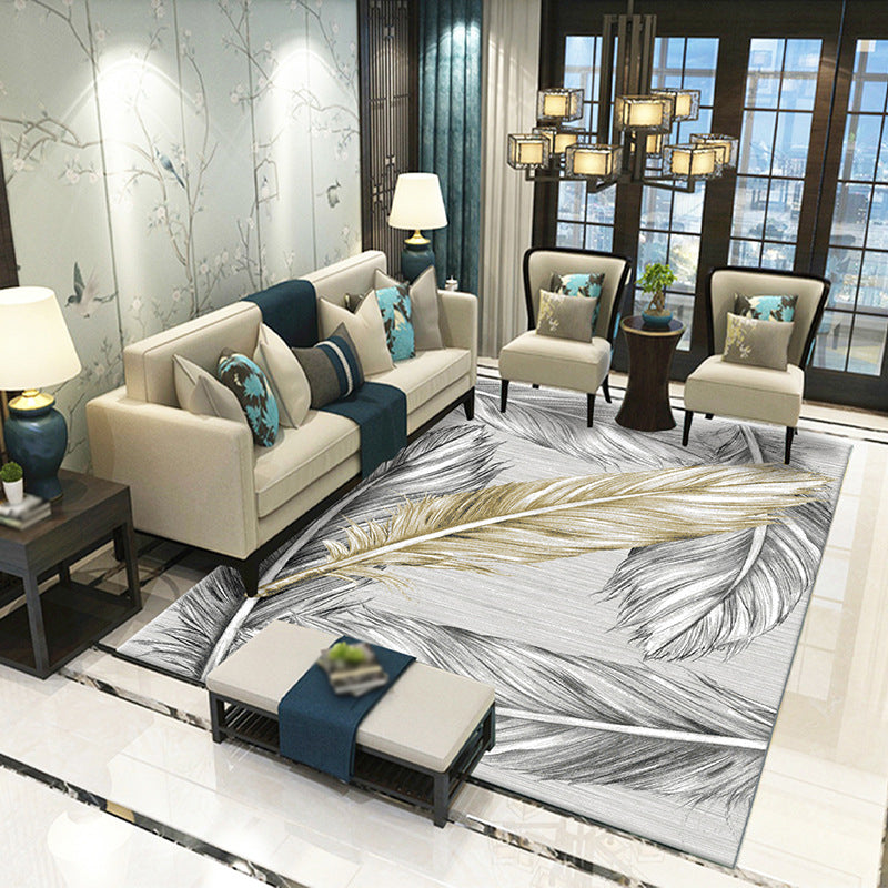 Natural Feather Pattern Carpet Polyester Indoor Rug Non-Slip Backing Area Rug for Living Room