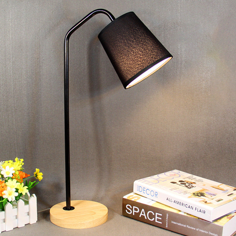 Conical Fabric Task Light Modernism 1 Bulb Black Small Desk Lamp with Beige Round Wood Base