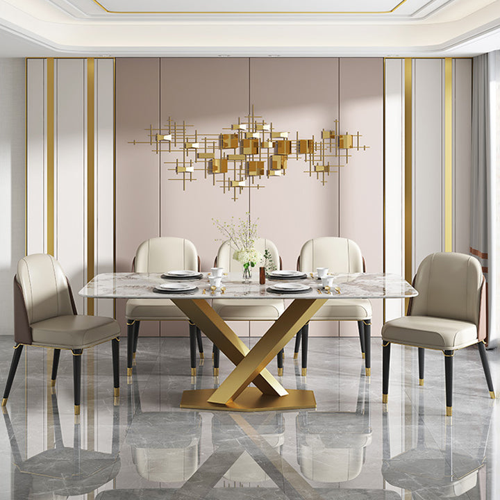 Luxus gesinterte Steintisch Rechtecktisch mit goldenem Metallpodest