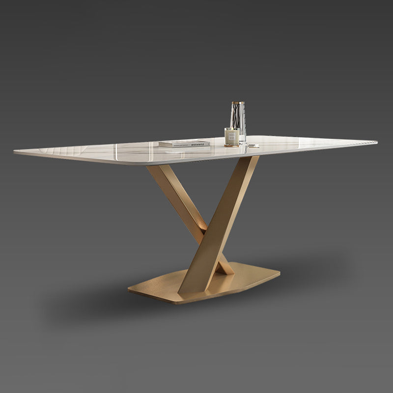 Luxury Sintered Stone Top Dining Table Rectangle Table with Gold Metal Pedestal for Restaurant