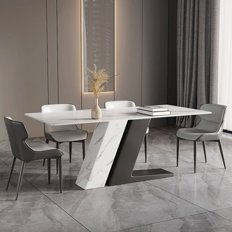 Mesa de cocina rectangular moderna de piedra sinterizada, mesa superior de piedra blanca con pedestal doble