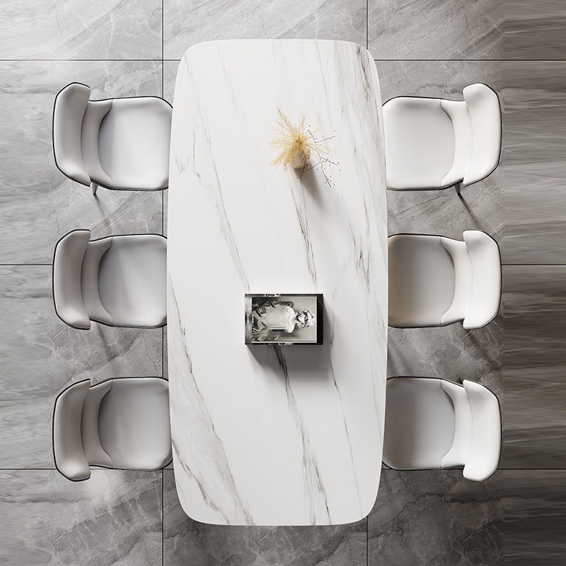 Mesa de cocina rectangular moderna de piedra sinterizada, mesa superior de piedra blanca con pedestal doble