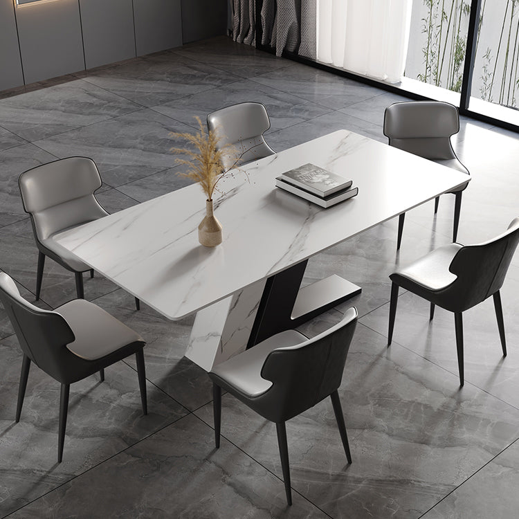 Mesa de cocina rectangular moderna de piedra sinterizada, mesa superior de piedra blanca con pedestal doble