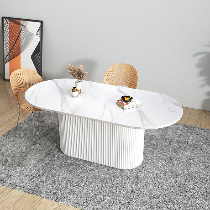 Sintered Stone and Wood Dining Table Simple Style Single Pedestal Base Table