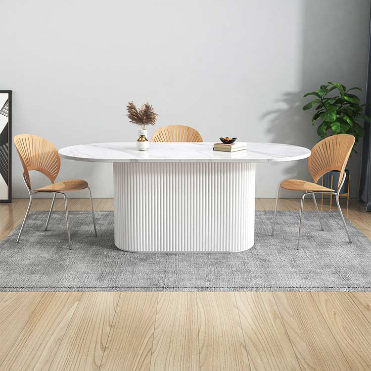 Sintered Stone and Wood Dining Table Simple Style Single Pedestal Base Table