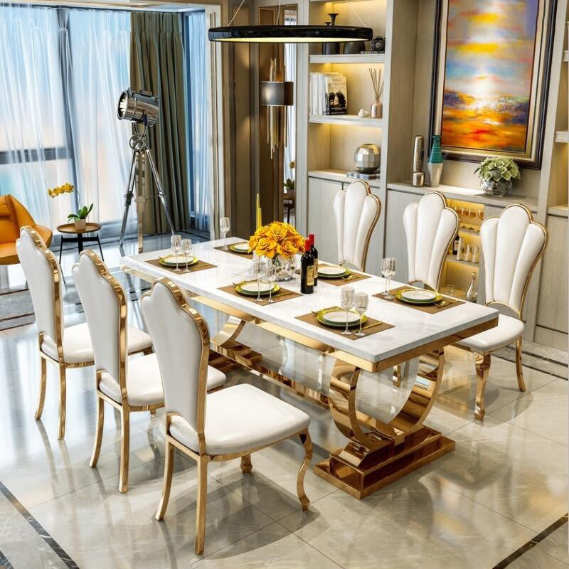 Mesa de comedor de mármol de lujo tradicional mesa rectangular con base de metal dorado