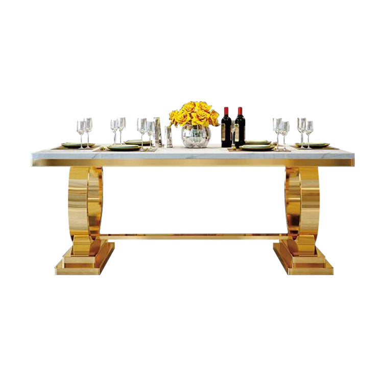 Mesa de comedor de mármol de lujo tradicional mesa rectangular con base de metal dorado