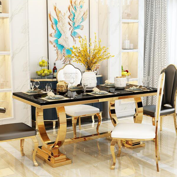 Mesa de comedor de mármol de lujo tradicional mesa rectangular con base de metal dorado