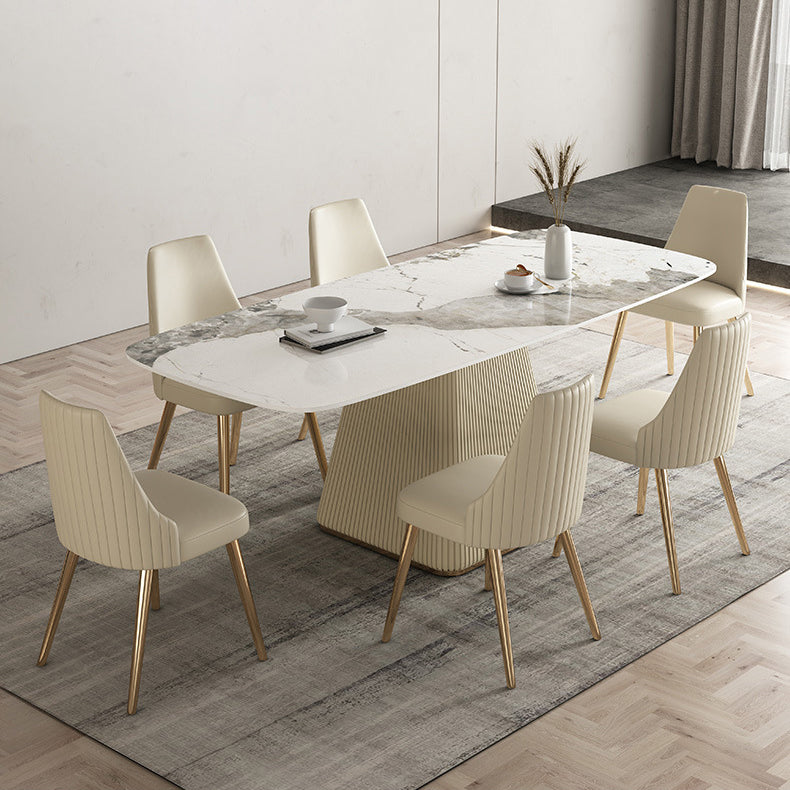 Mesa de comedor de lujo tradicional rectángulo Mesa de piedra sinterizada con base de pedestal blanco