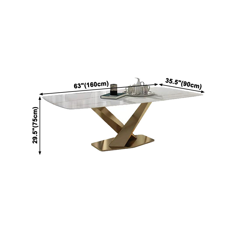 Table à manger rectangulaire de luxe traditionnelle, en pierre frittée blanche, avec socle doré