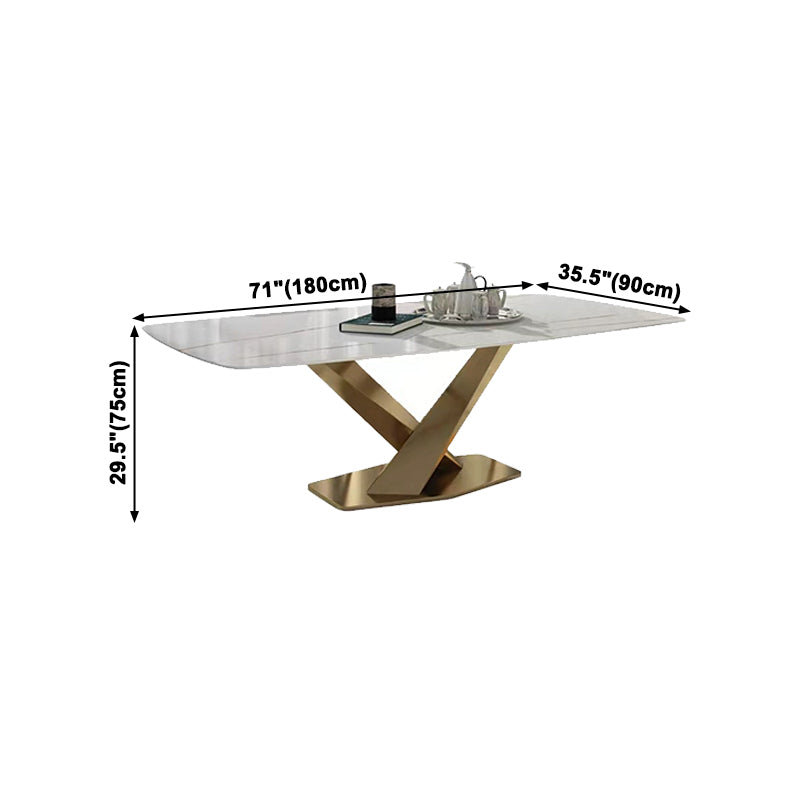 Table à manger rectangulaire de luxe traditionnelle, en pierre frittée blanche, avec socle doré